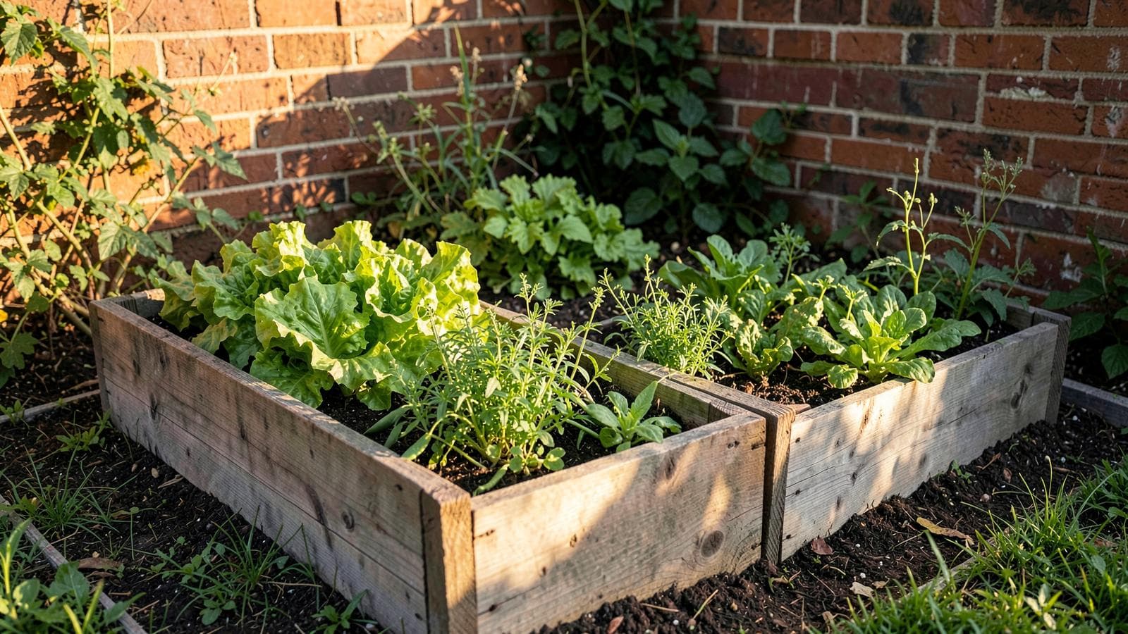 Illustration of planted wooden raised beds separated by a garden path